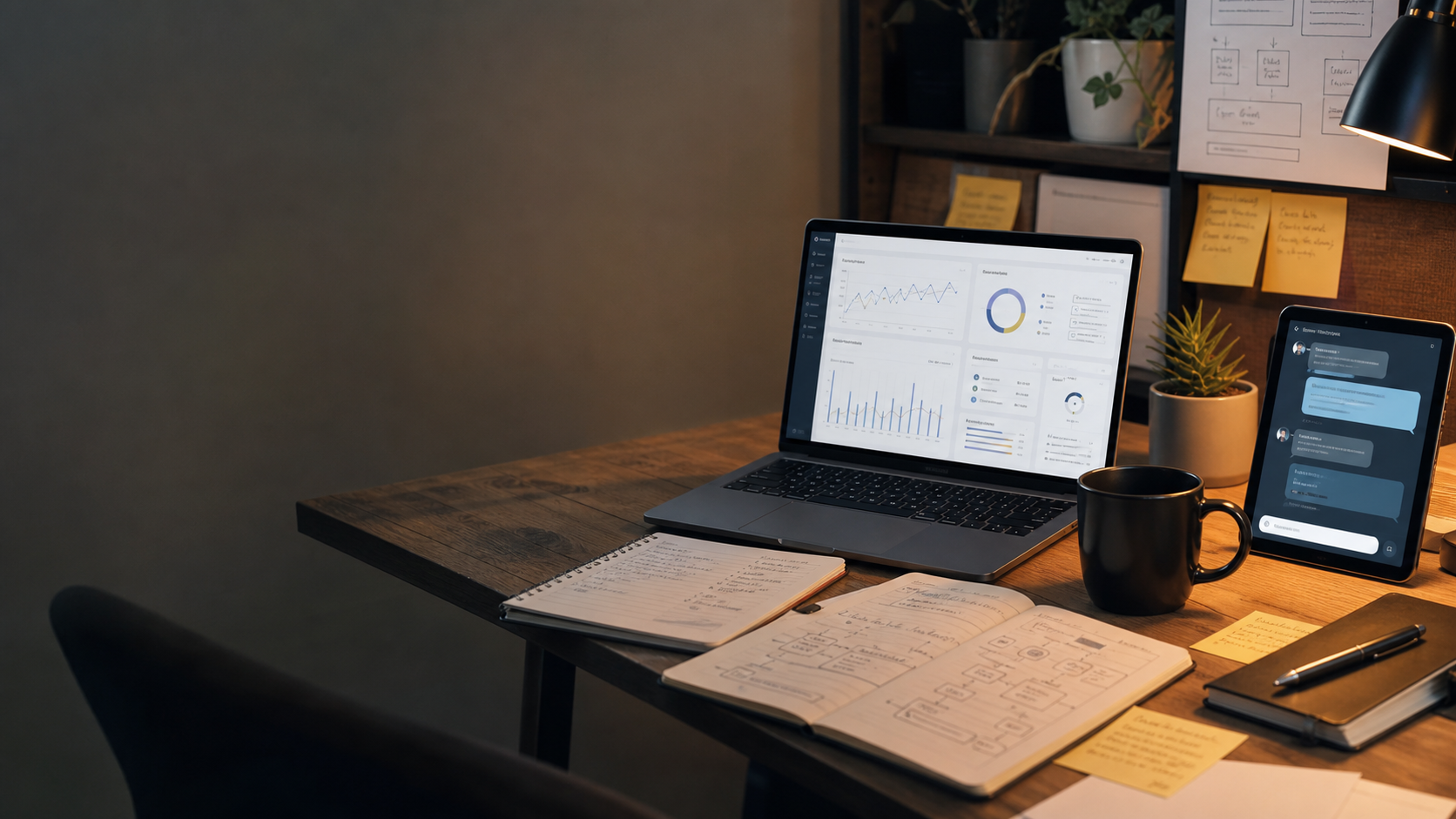 A refined product builder workspace with abstract dashboards, notes, and automation sketches.